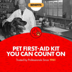 Pet first-aid kit branding with dog and paw icon, trusted by professionals.
