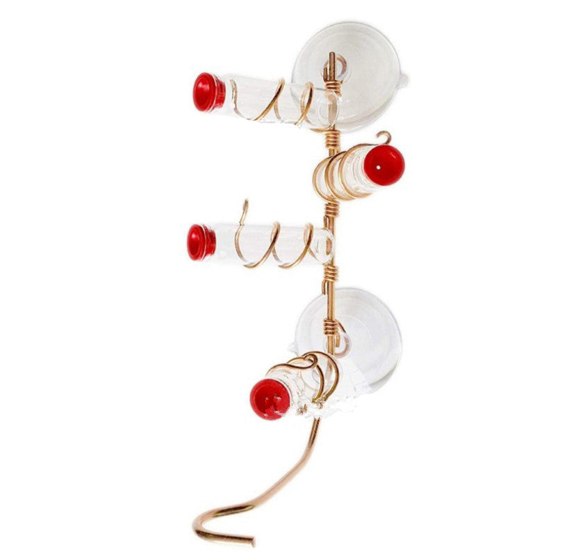 Handmade copper wire window hummingbird feeder with clear suction cups and red cups