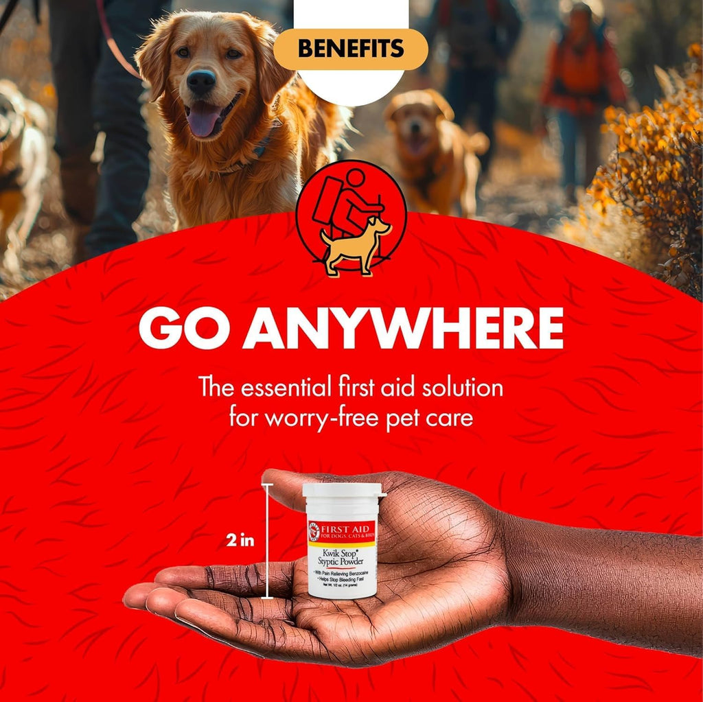 Portable styptic powder kit in hand, labeled for go-anywhere pet first aid.
