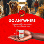 Portable styptic powder kit in hand, labeled for go-anywhere pet first aid.