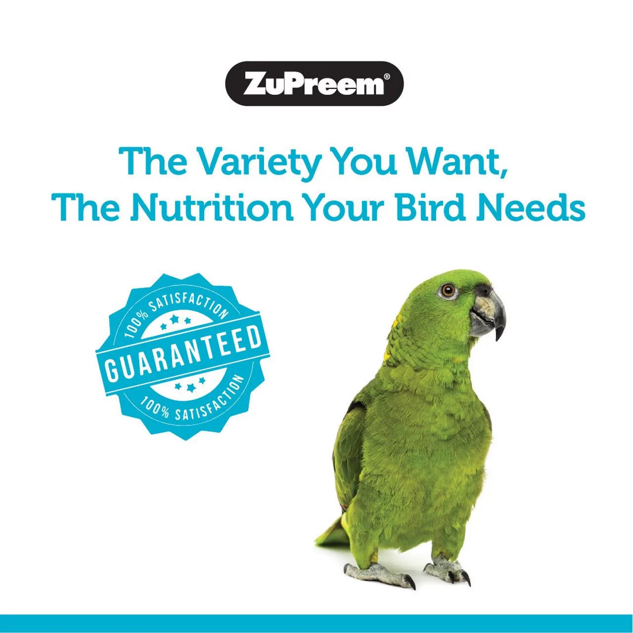 ZuPreem Sensible Seed bird food bag with green parrot illustration and satisfaction badge