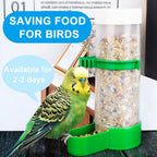 Transparent bird food and water dispenser with green base and gravity spout
