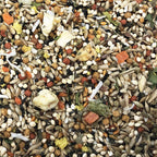 Close-up of canary & finch bird seed mix with grains, pellets, and herbs