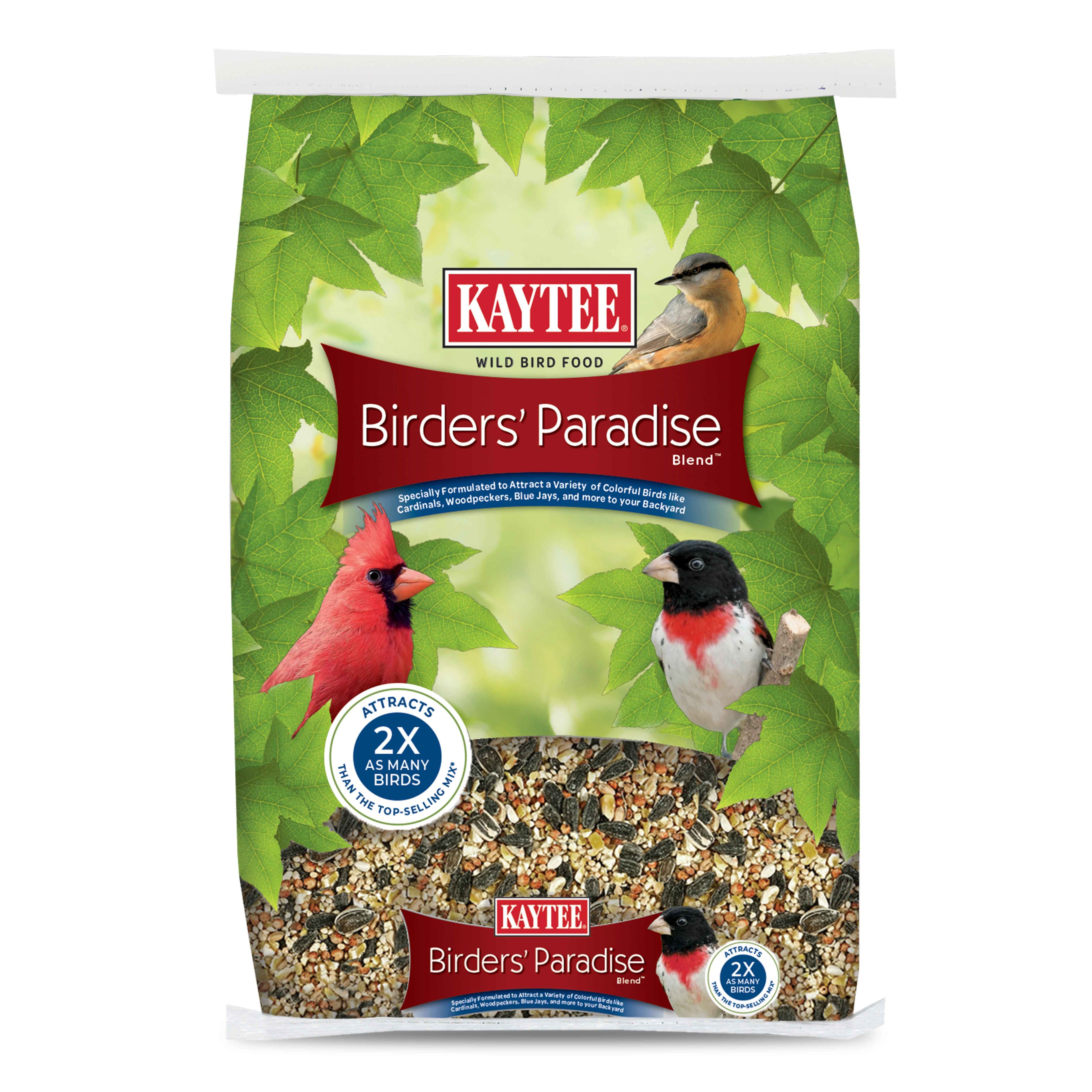 Front view of green Kaytee Birders' Paradise wild bird food bag with white top seal