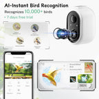 White smart bird feeder camera with lens and app screen views