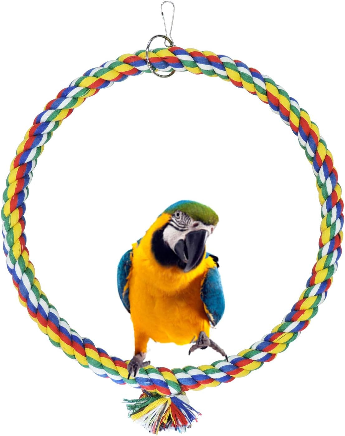 Colorful braided rope bird swing ring with hanging clips and parrot perch