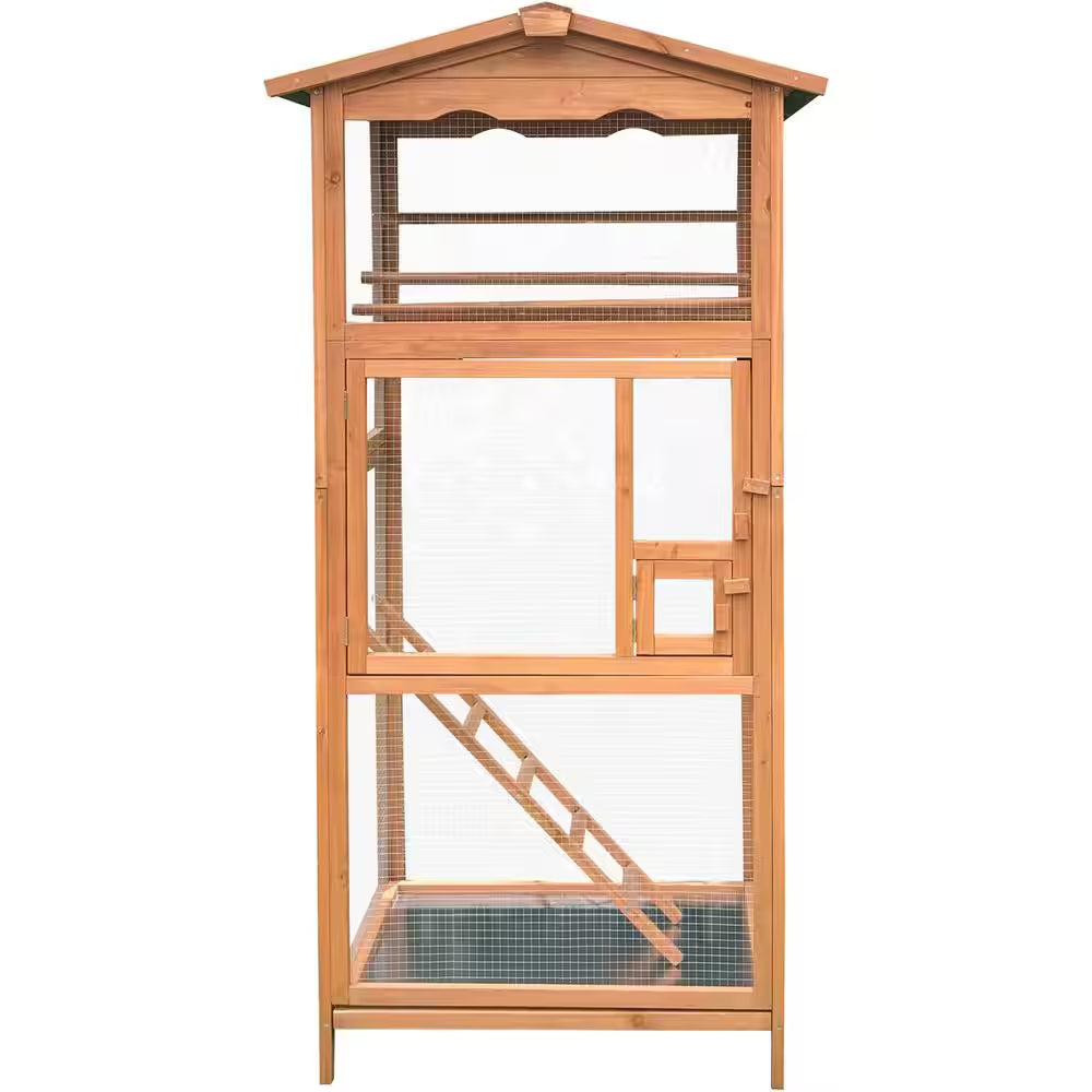 Wood outdoor bird aviary cage with arched roof, multi-level perches and ladder