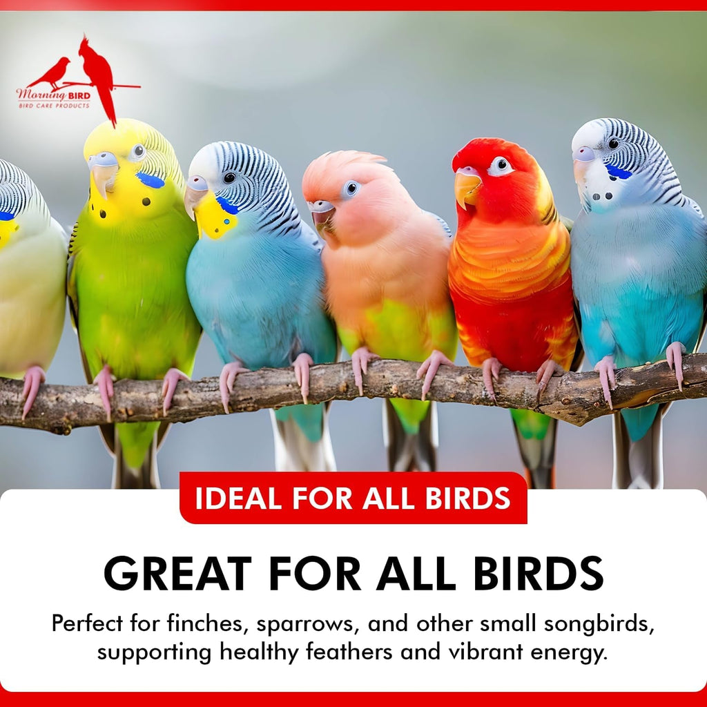 Liquid iodine supplement bottle with dropper, shown among colorful pet birds