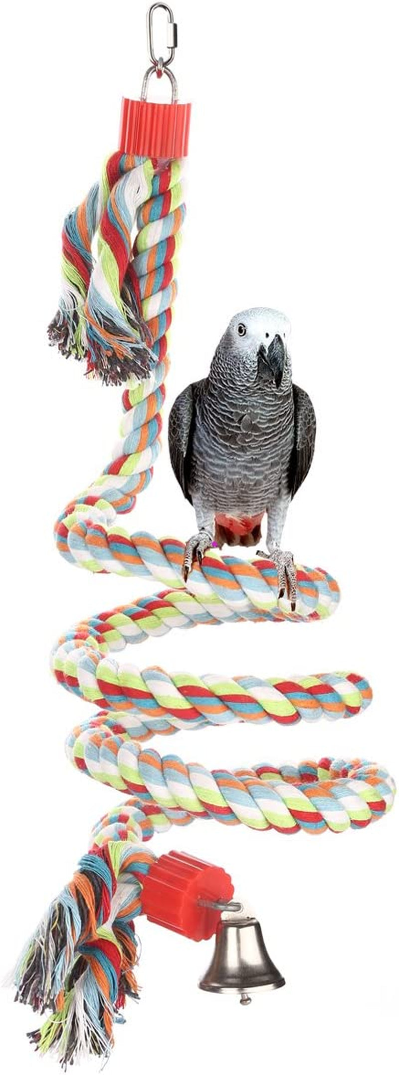 Bird bungee swing with braided rope, red clip, and metal hanging bell