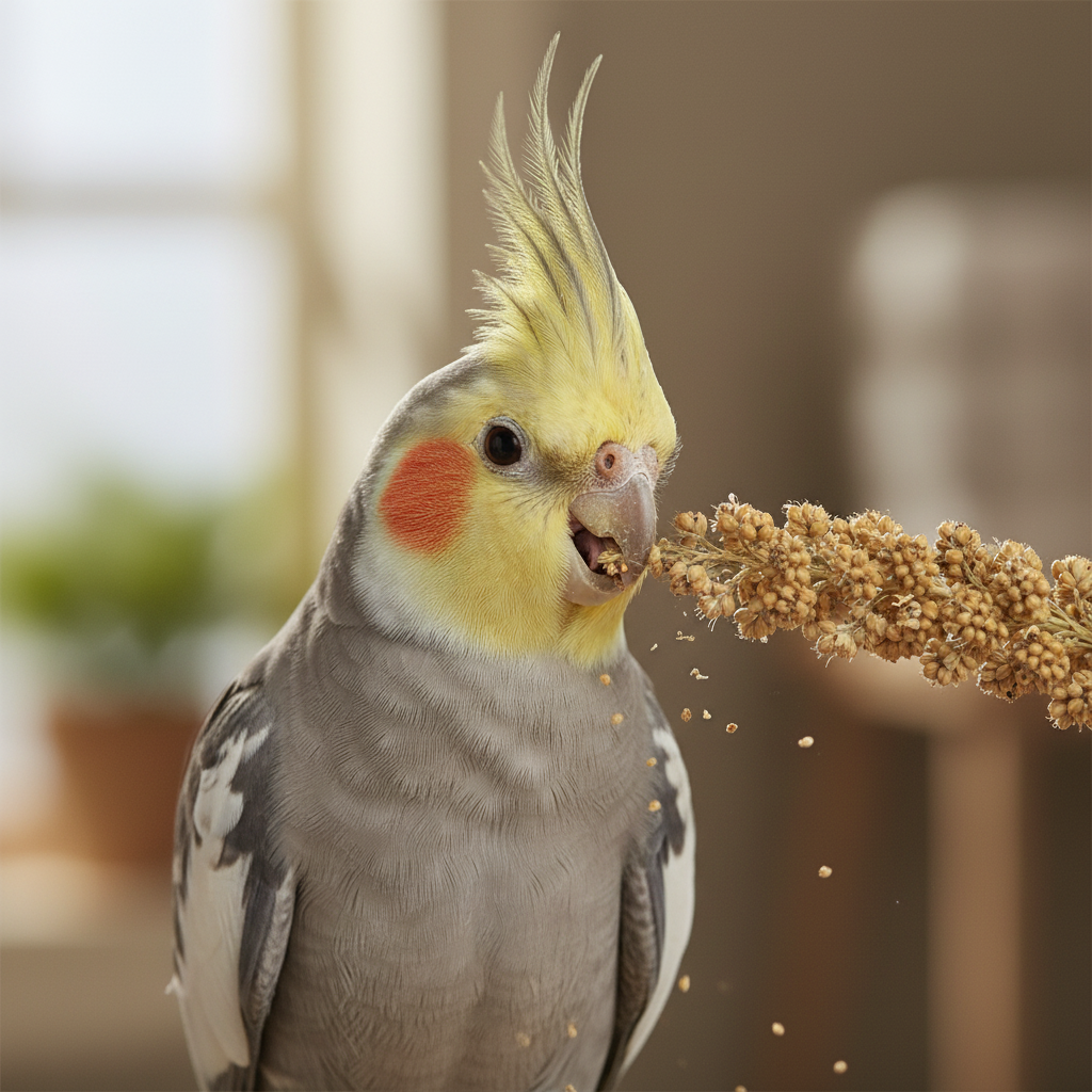 Cockatiel with orange cheek eating millet spray treat, small seeds falling