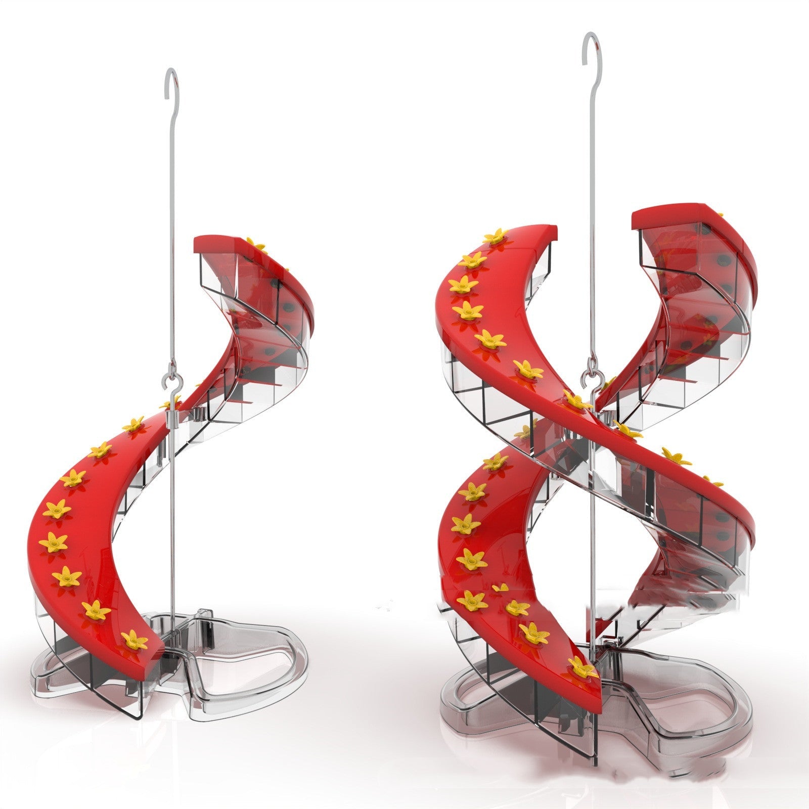 Red hummingbird spiral bird feeder set with two hanging trays and clear perches