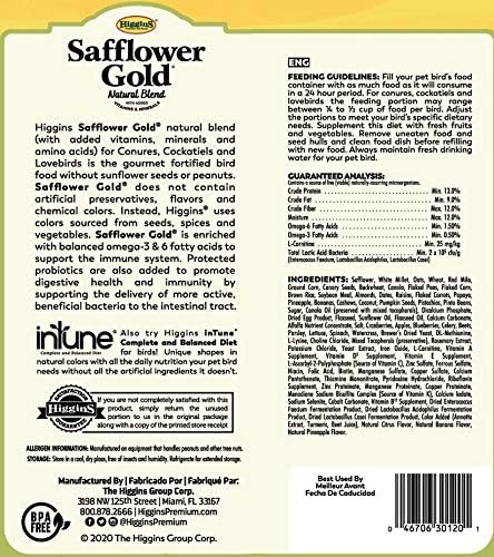 Bird food label panel with ingredient and feeding instructions in ENG and graphic text