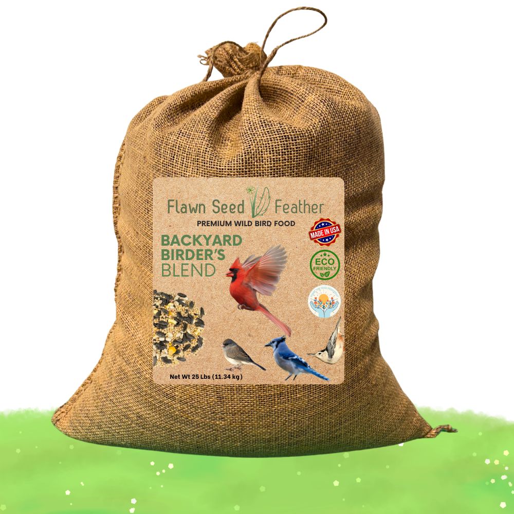 Jute burlap bird seed blend bag with drawstring top and front label