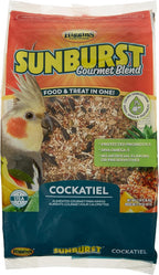 Sunburst gourmet blend cockatiel bird food bag, red and green front label