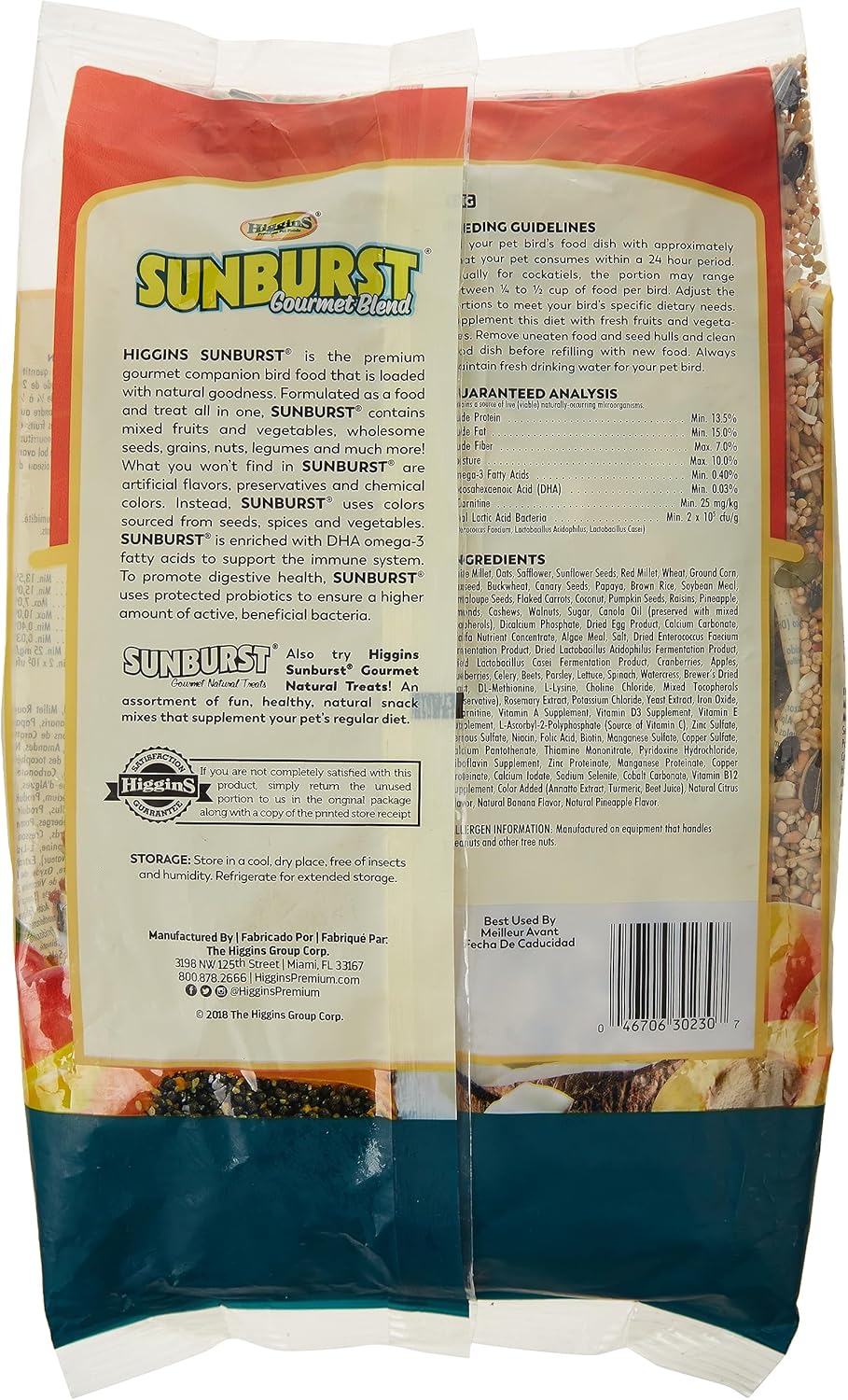 Sunburst gourmet blend cockatiel bird food bag, back panel with directions