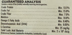 Bird food guaranteed analysis panel listing protein, fat, fiber, and omega-3