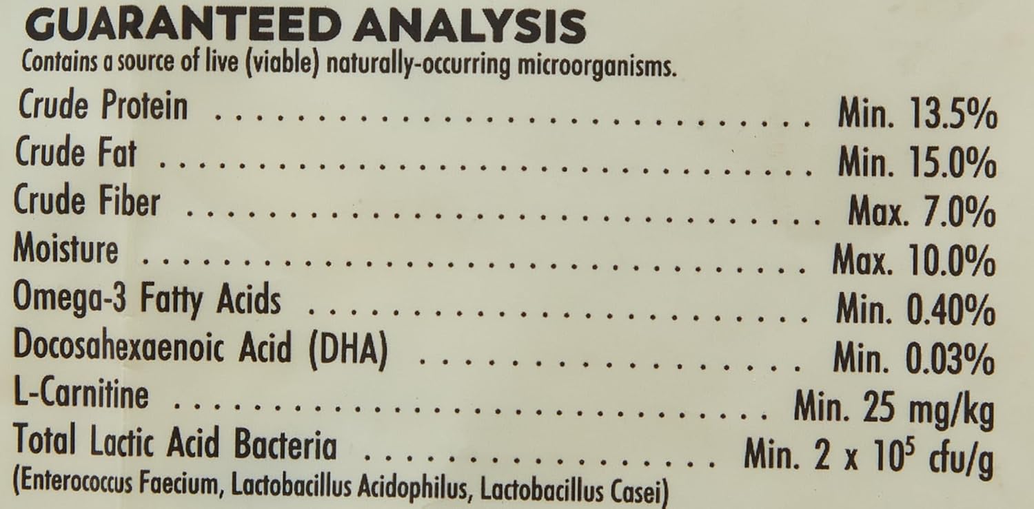 Bird food guaranteed analysis panel listing protein, fat, fiber, and omega-3