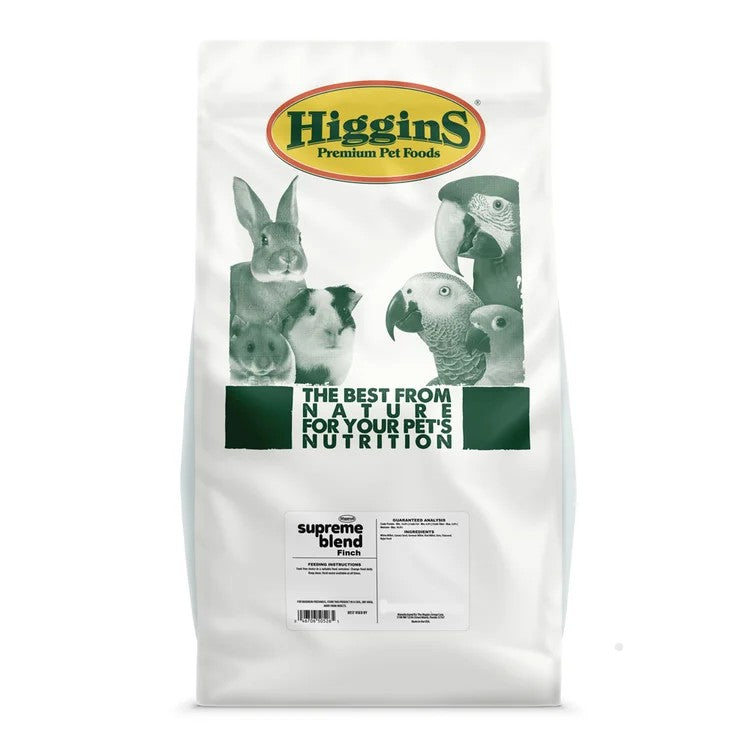 Higgins Supreme Finch food bag front view with bird icons and 50 lb nutrition label