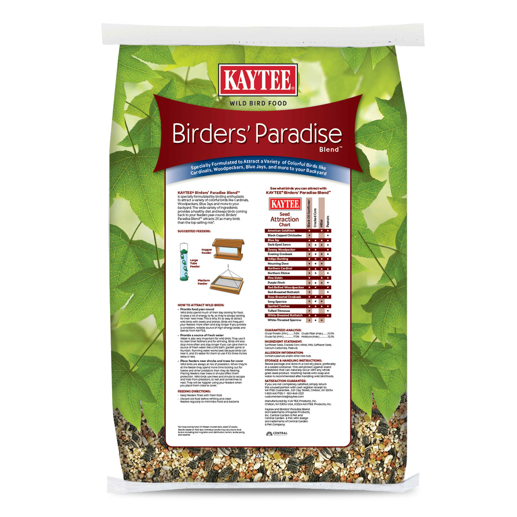 Back view of green Kaytee Birders' Paradise wild bird food bag with nutrition chart