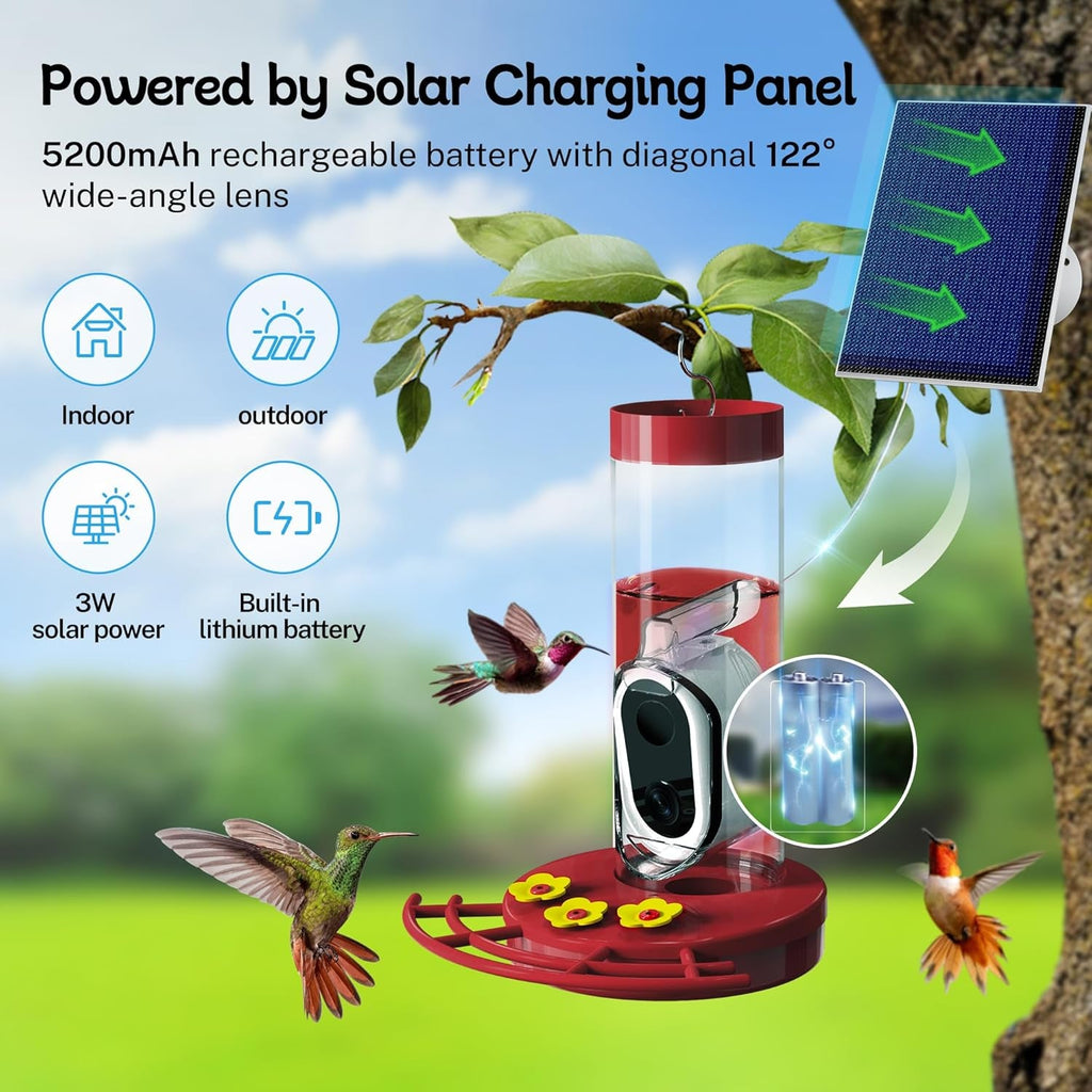 Red 20oz hummingbird feeder with solar panel and camera lens for solar charging