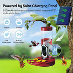 Red 20oz hummingbird feeder with solar panel and camera lens for solar charging