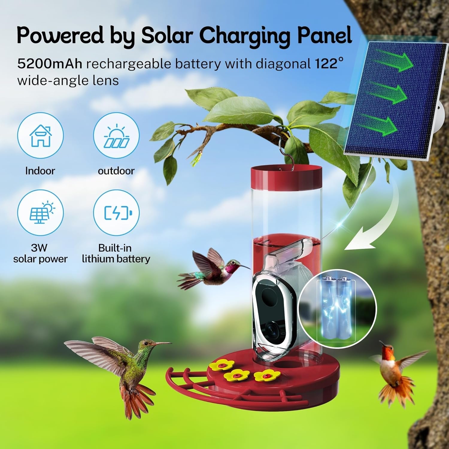 Red 20oz hummingbird feeder with solar panel and camera lens for solar charging