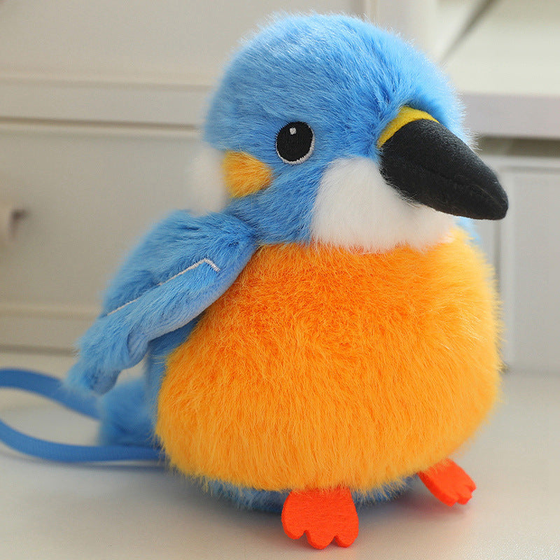 Blue and orange bird plush with black beak and orange feet, 13 cm