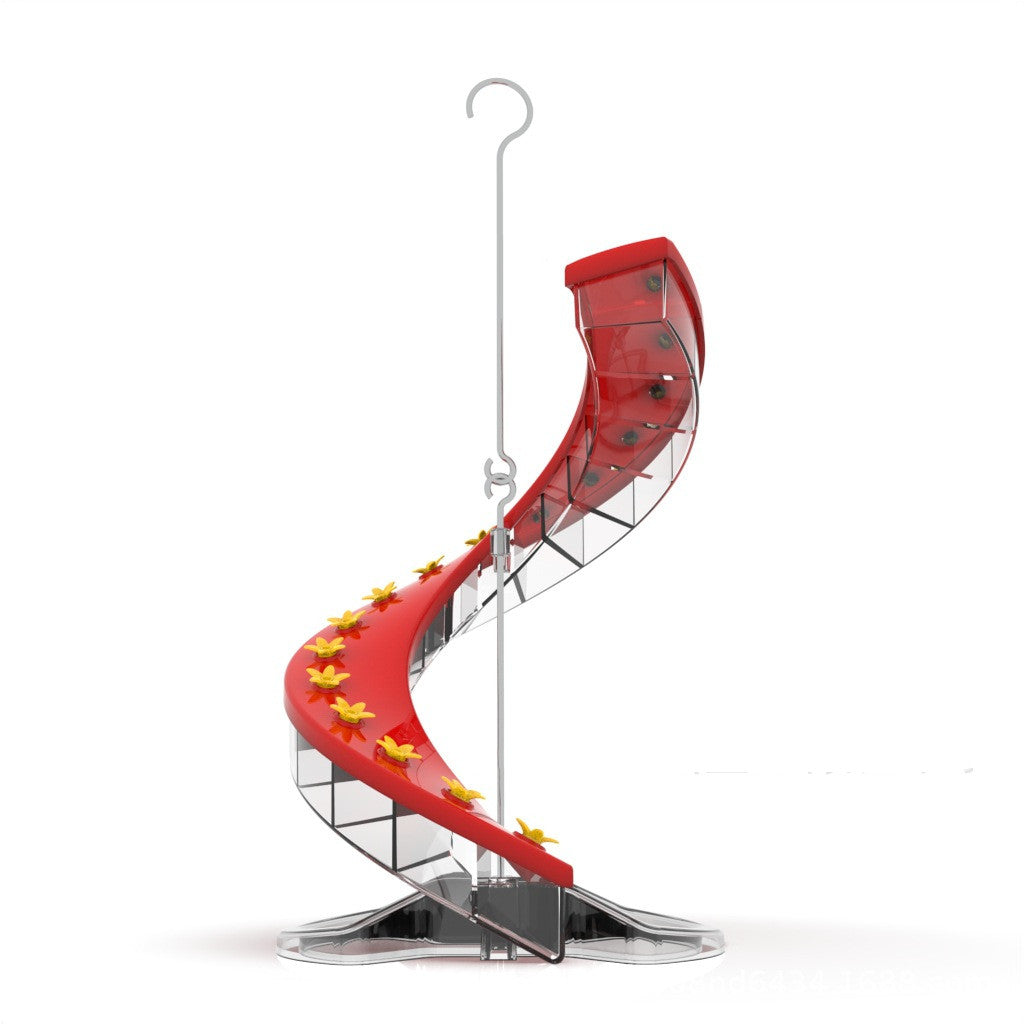 Red spiral bird feeder with hanging hook, clear perches, and yellow flower decals