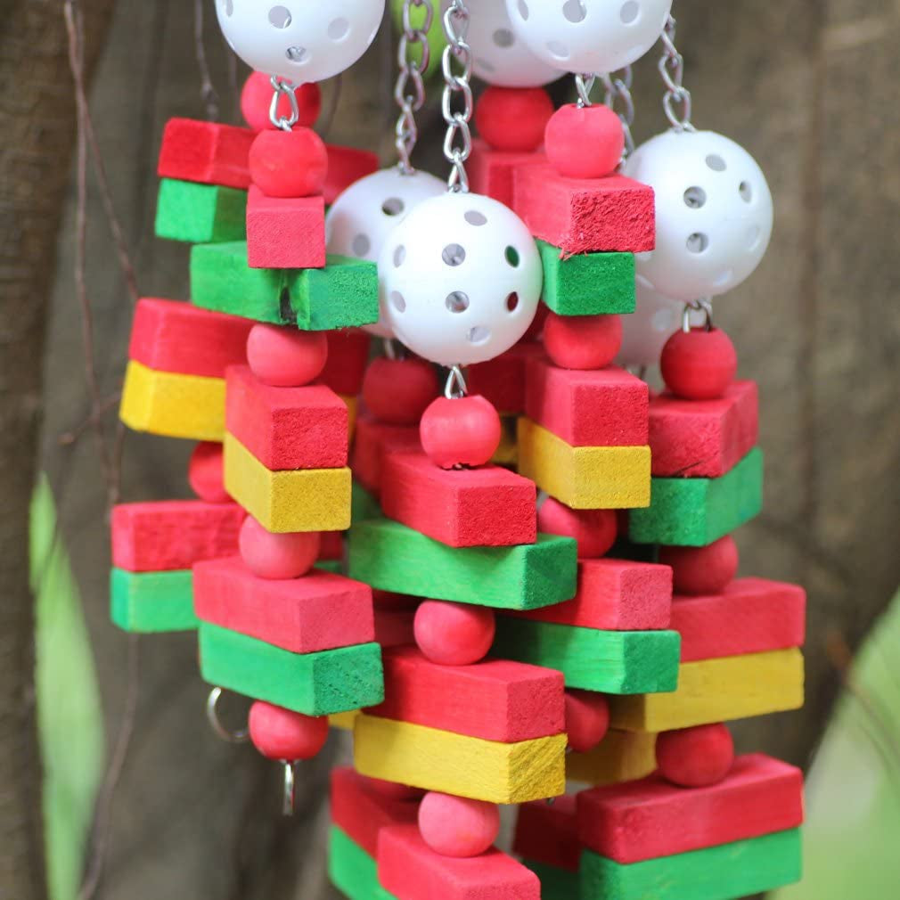Parrot wooden foraging toy with stacked multicolor wooden blocks and white ball pieces on metal chains