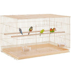 Almond metal flight cage with wood perches, slide-out tray, and multiple doors