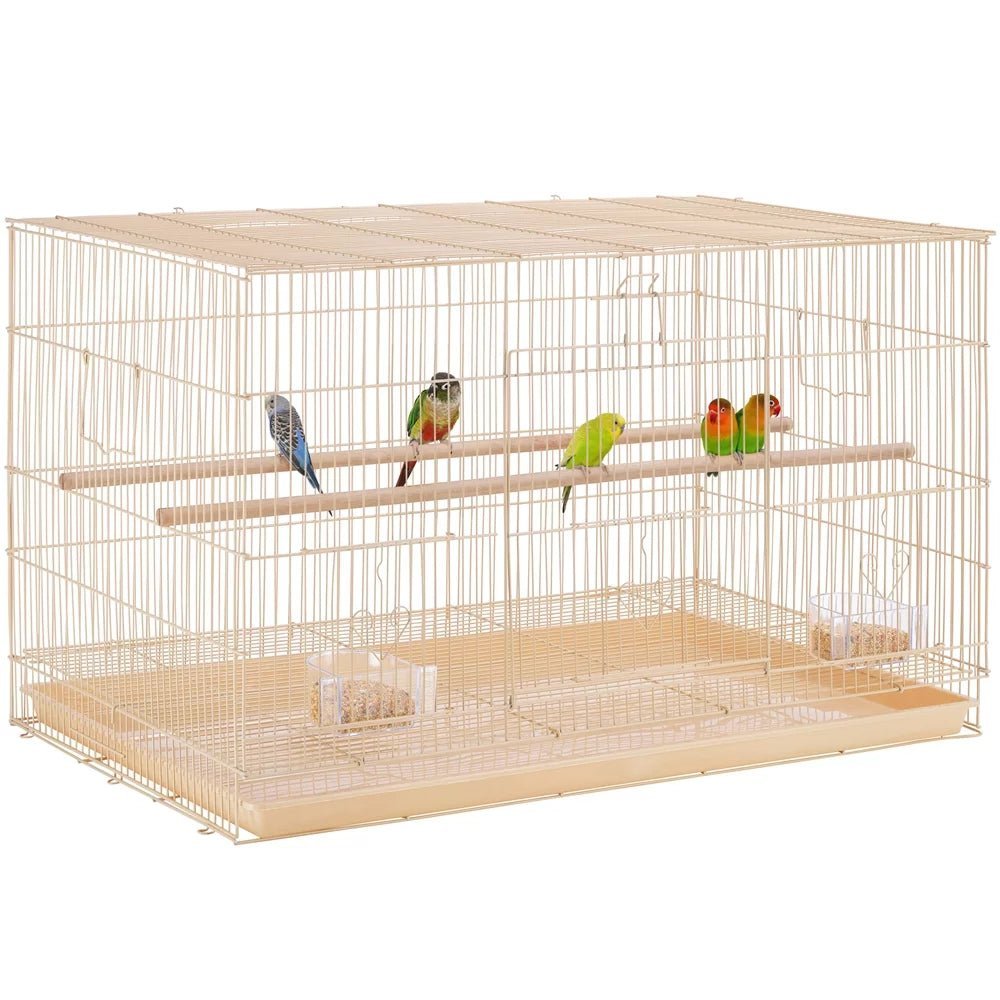 Almond metal flight cage with wood perches, slide-out tray, and multiple doors