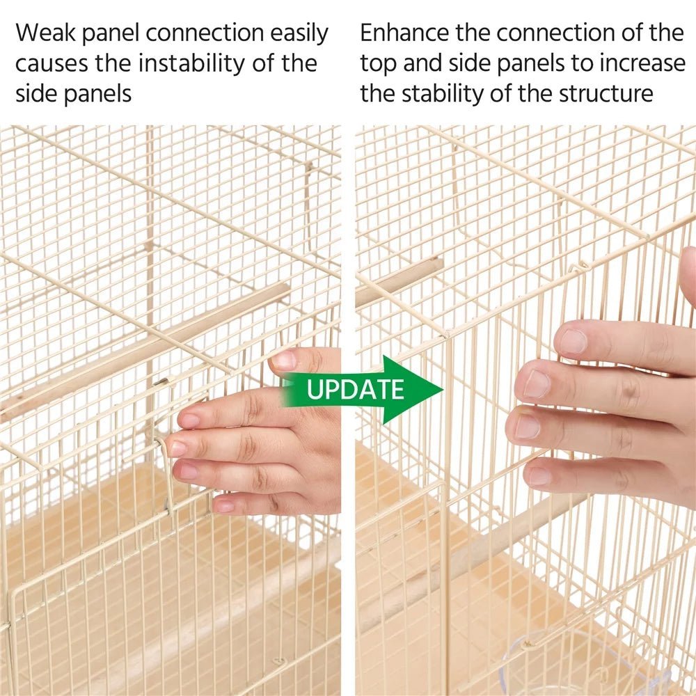 Almond metal cage panels with hands adjusting a connector for stability