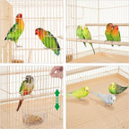 Almond metal parrot cage with wood perches and several colorful parrots inside