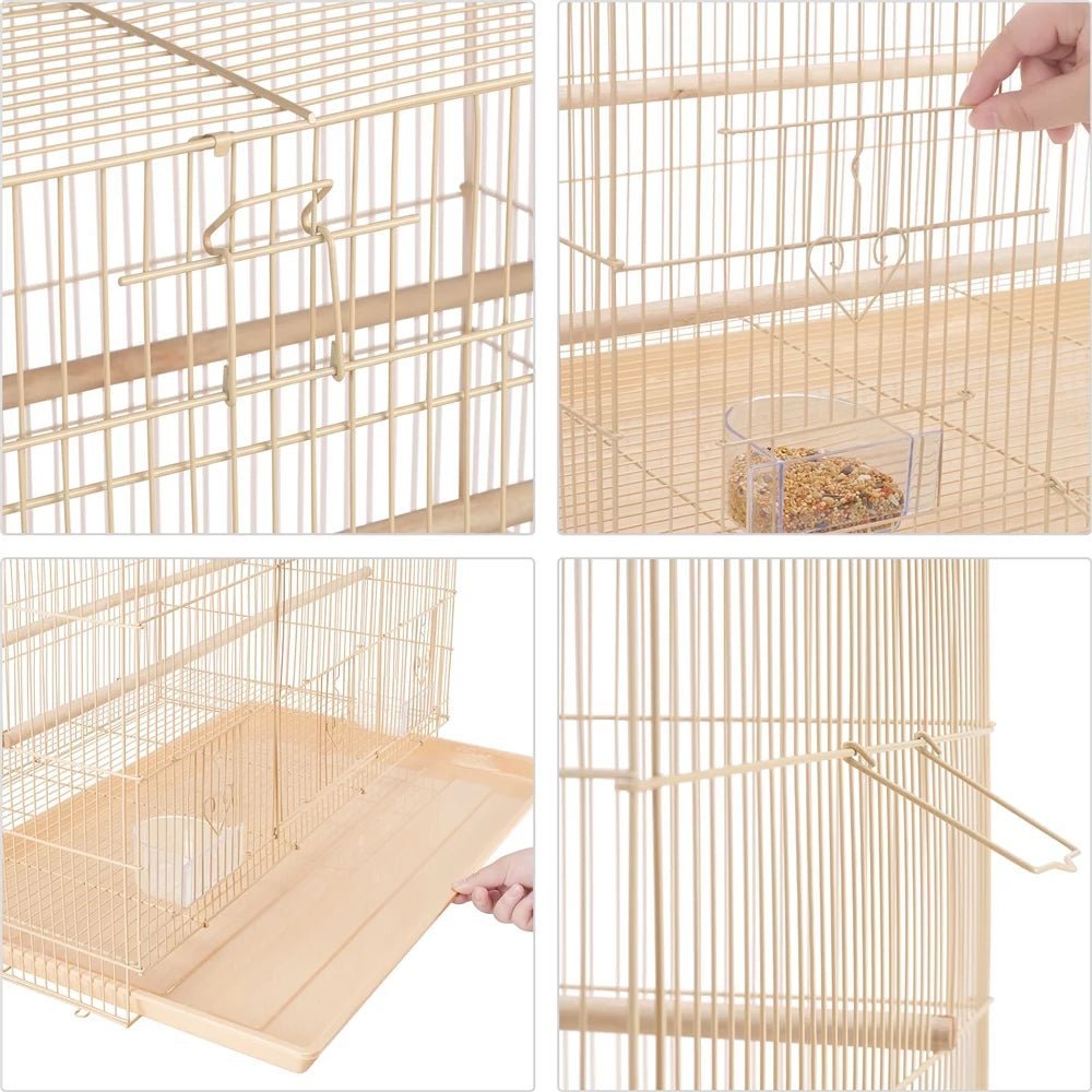 Almond metal cage with front access panel and slide-out tray compartment