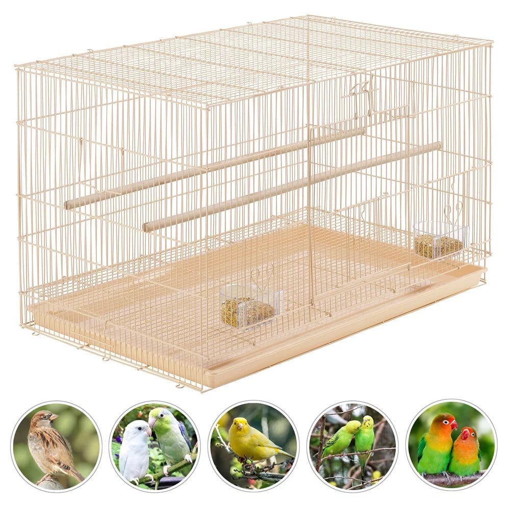 Almond metal parrot flight cage with wood perches and two-level base