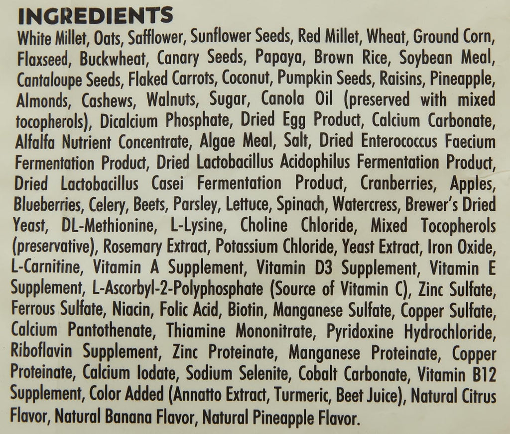 Bird food ingredients panel with grains, seeds, fruits, vegetables, and supplements