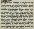 Bird food ingredients panel with grains, seeds, fruits, vegetables, and supplements