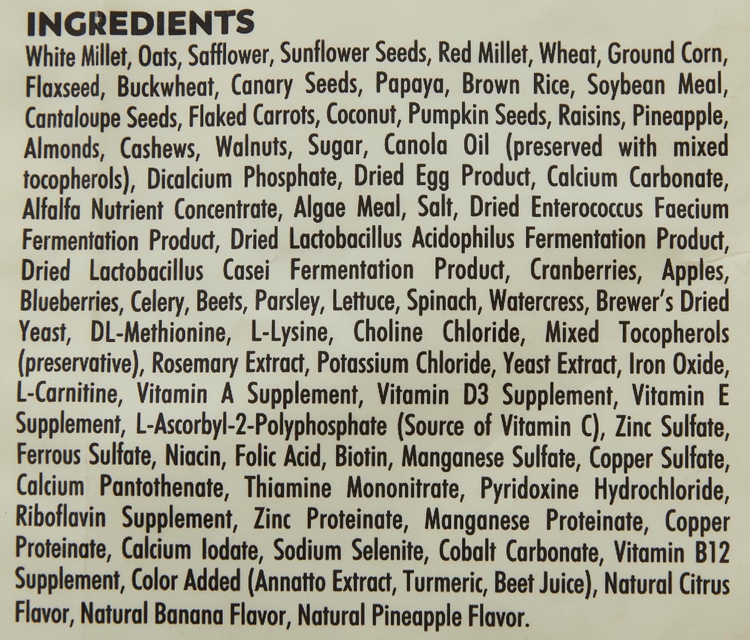 Bird food ingredients panel with grains, seeds, fruits, vegetables, and supplements