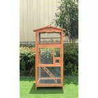 Wooden bird flight cage with wire mesh panels and arched top shelter