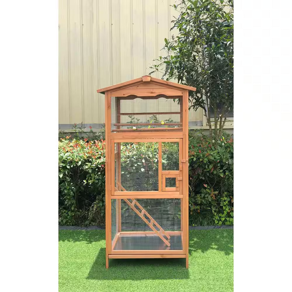 Wooden bird flight cage with wire mesh panels and arched top shelter