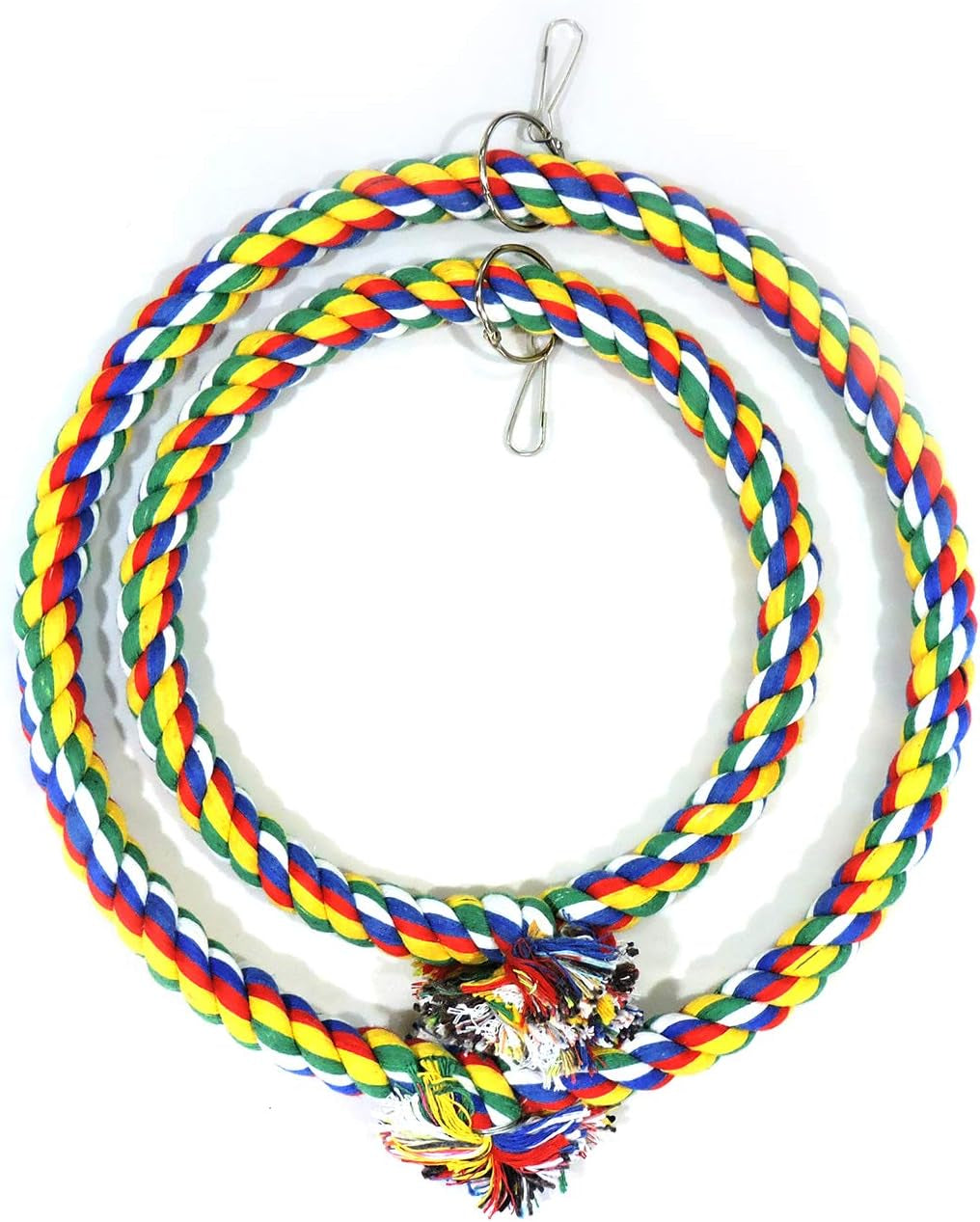 Colorful braided rope bird swing ring with metal clips and fringe detail