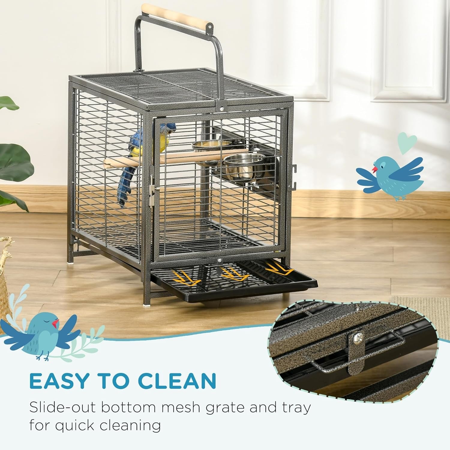 Black metal bird travel carrier with top handle, front door, and bird inside