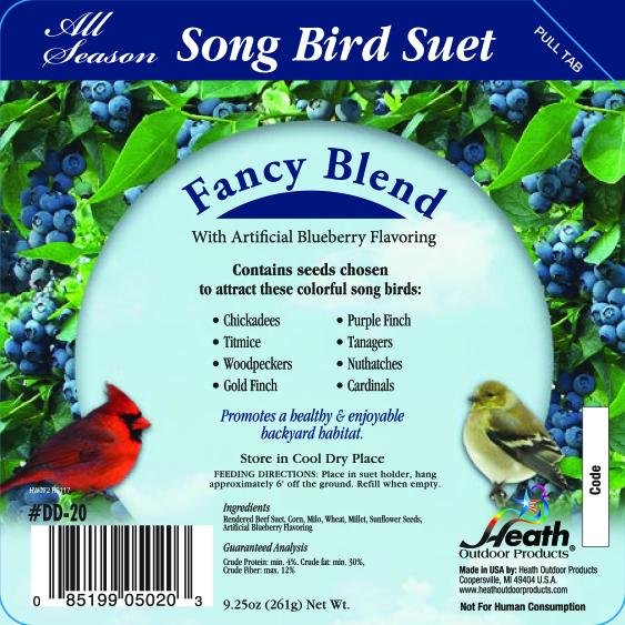 Fancy Blend songbird suet package with flavor and bird attraction list panel