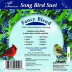 Fancy Blend songbird suet package with flavor and bird attraction list panel