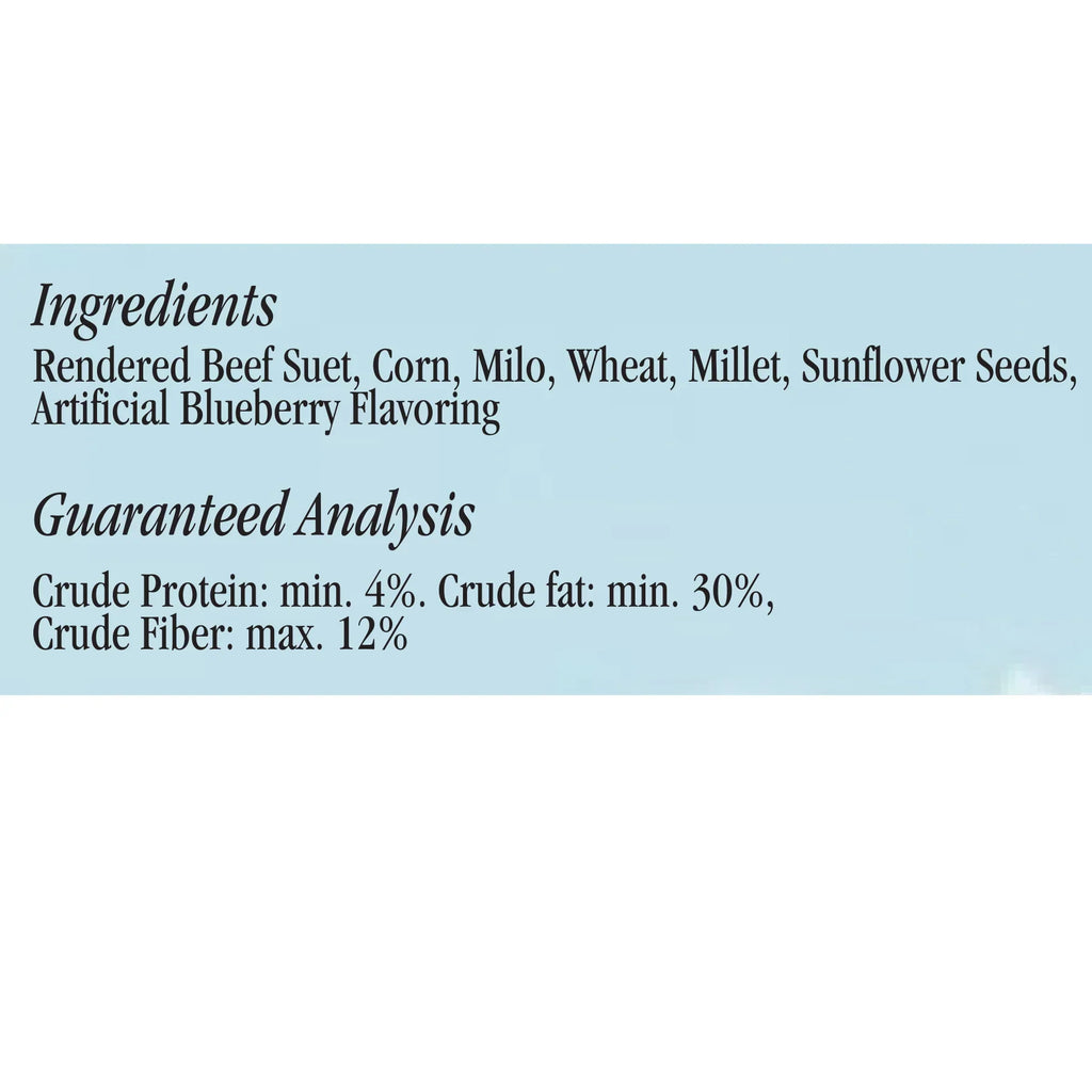 Ingredients and guaranteed analysis text panel for Fancy Blend suet