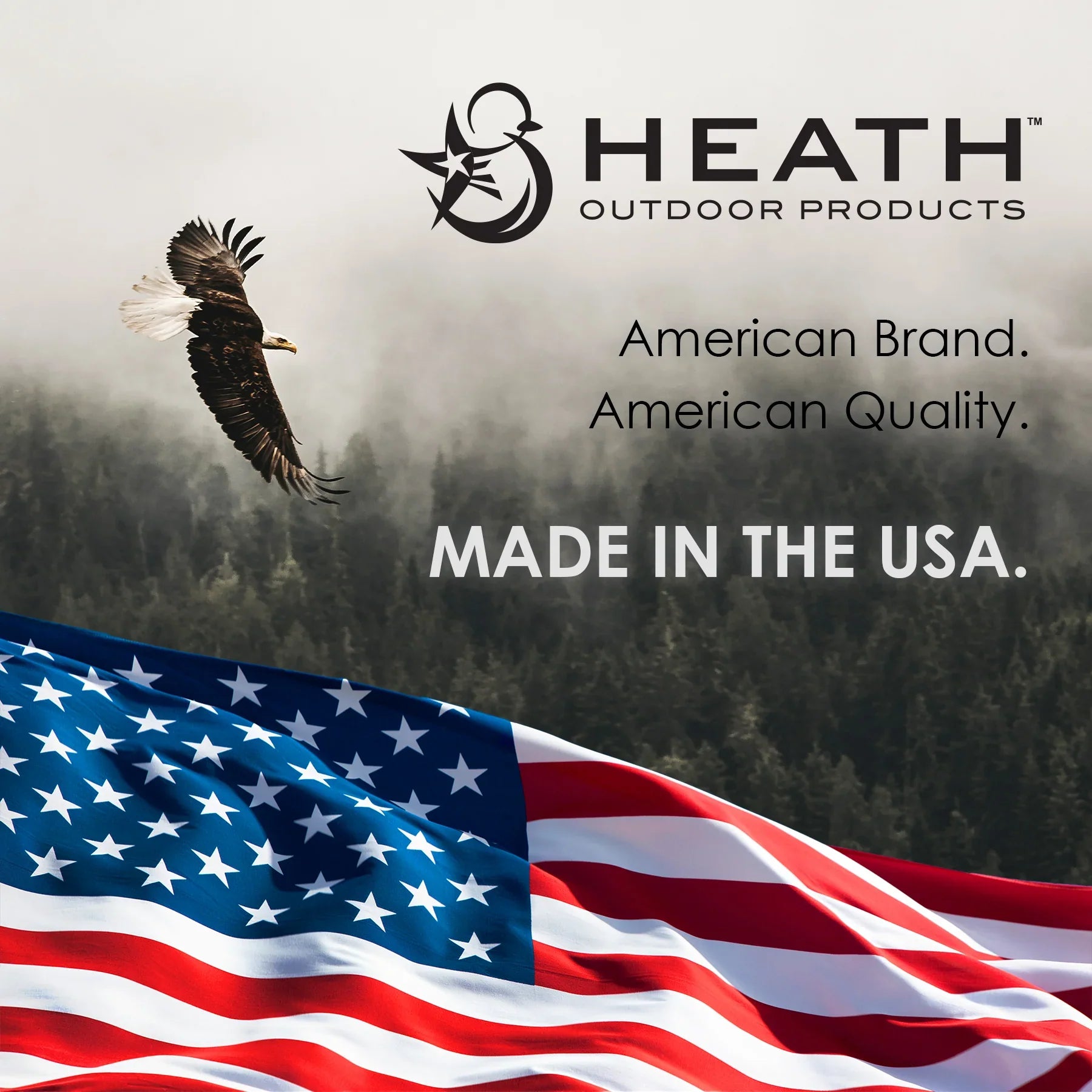 Heath Outdoor Products branding with American flag and Made in the USA text