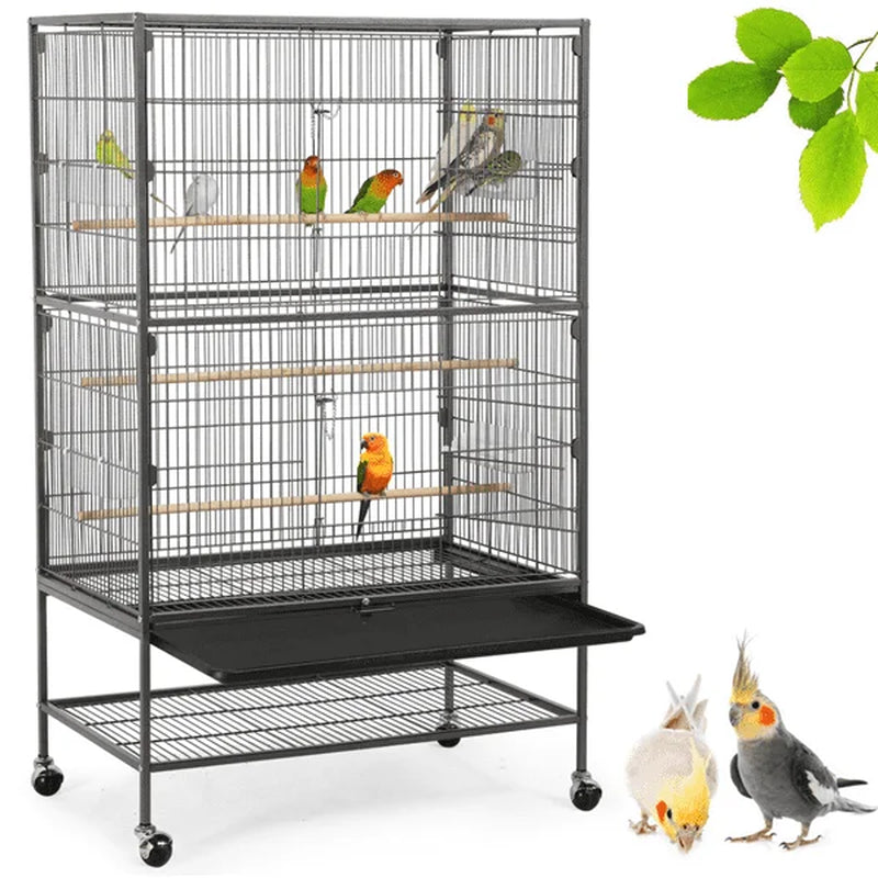 Gray birdcage with colorful parrots perched on two bars and a black base tray