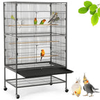 Gray birdcage with colorful parrots perched on two bars and a black base tray