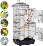 Black large bird cage with rooftop top, ladder toy, and hanging swing accessories