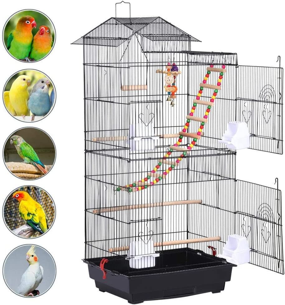 Black large bird cage with rooftop top, ladder toy, and hanging swing accessories